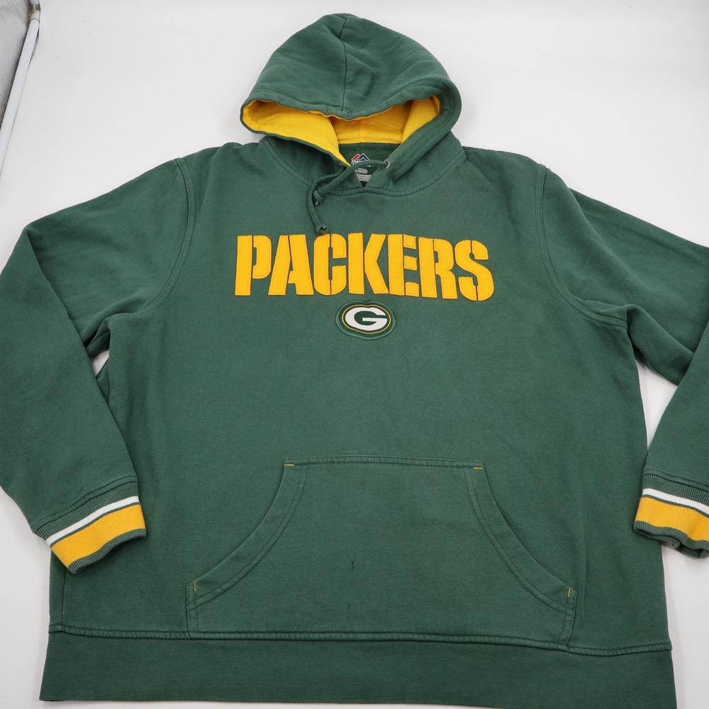 Majestic Packers Hoodie Mens XL Green Yellow NFL Graphic Pullover Sweatshirt